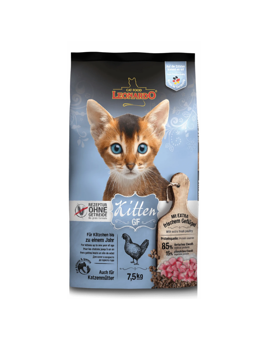 A la hora de elegir el alimento para su gatito muchos propietarios prefieren una receta sin cereales. Por eso para el LEONARDO Kitten GF apostamos por el amaranto como valiosa alternativa sin gluten. Con deliciosa caballa y carne de ave extra fresca les encanta a los más pequeños. La receta se complementa con otros selectos ingredientes: zooplancton marino y semillas de chía. Ambos son fuentes naturales de sustancias vitales como los ácidos grasos omega-3. Nuestros componentes vitales además aseguran un inicio óptimo de la vida del gatito: STAY-Clean™* refuerza el cuidado dental y ProVital fortalece el sistema inmunológico.